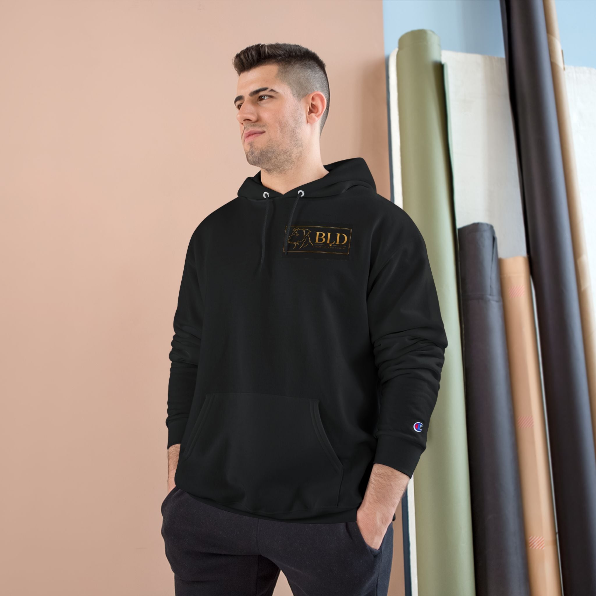 BLD Buddy Love Logo Hoodie — Premium Black Champion-Style Pullover